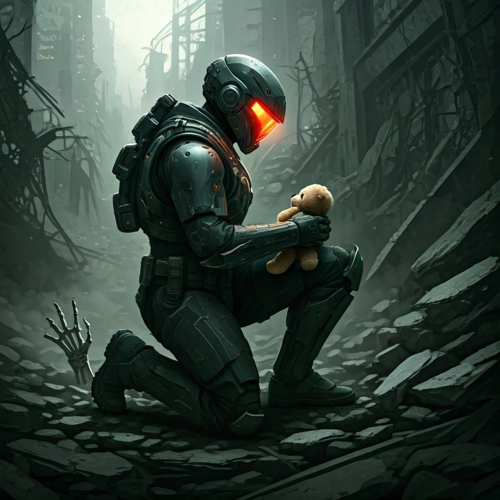 Futuristic Soldier with Teddy Bear in War Zone