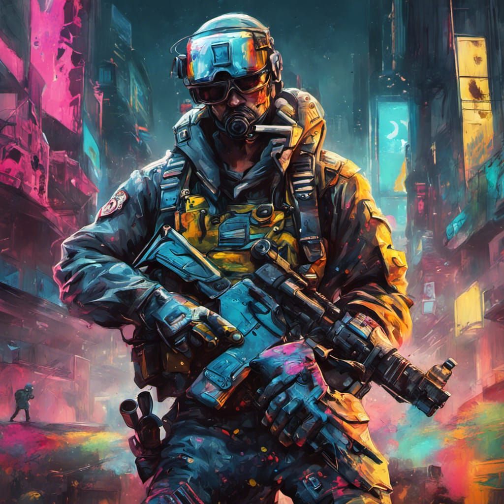 Cyberpunk WWII Soldier in Graffiti Street Art
