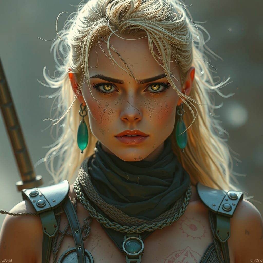 Battle-Hardened Female Warrior in High-Tech Armor