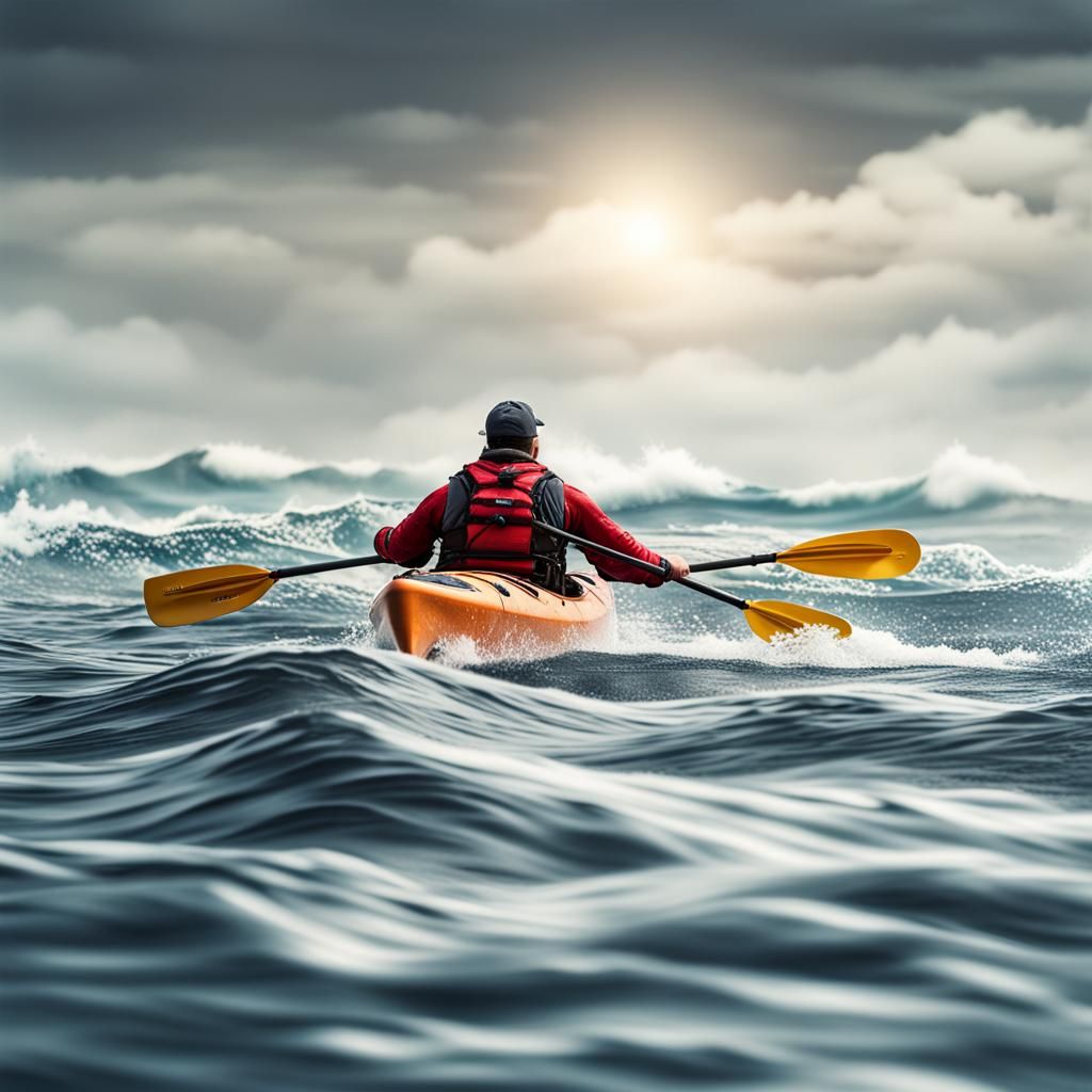 a lone kayaker in the middle of the sea with (csc²θ = 1+ cot²θ) waves style effects. Embrace a hyper-realistic art style...