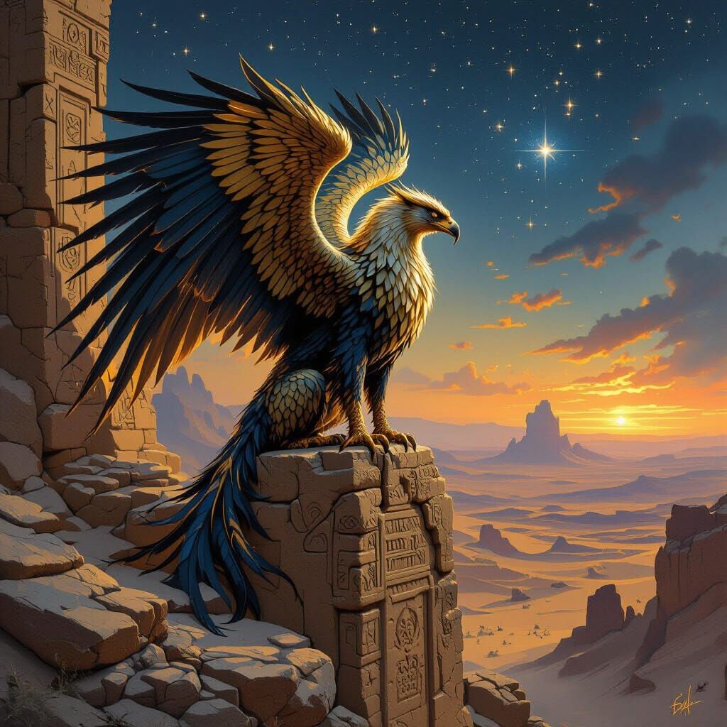 Griffin Perched Atop Ancient Ruins in Epic Fantasy Style