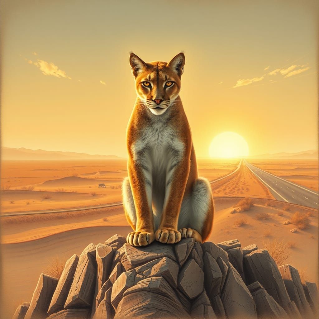 Mountain Lion Overlooking Desert Highway in Charcoal