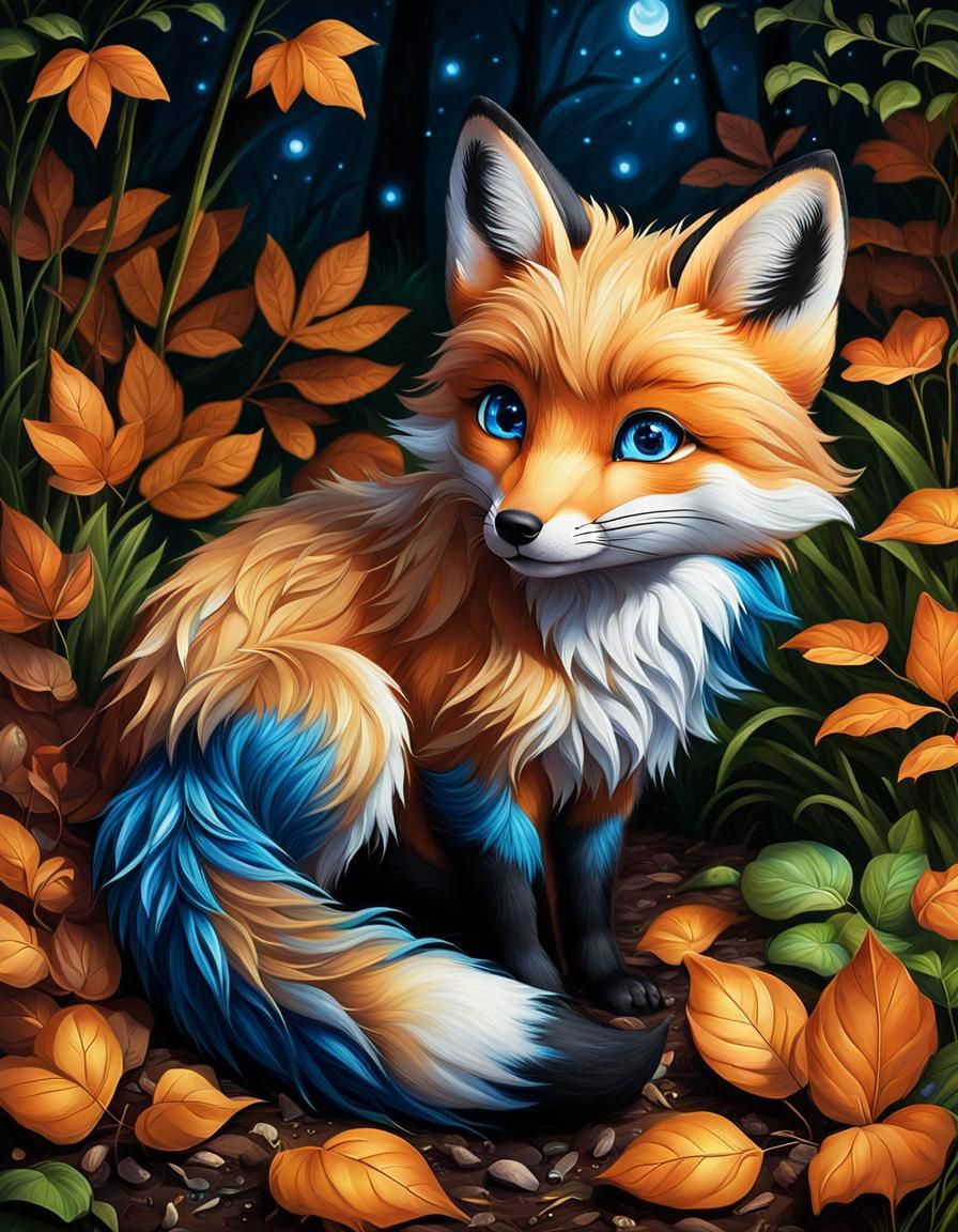 Chibi Fox Reclining Under Night Sky Oil Painting