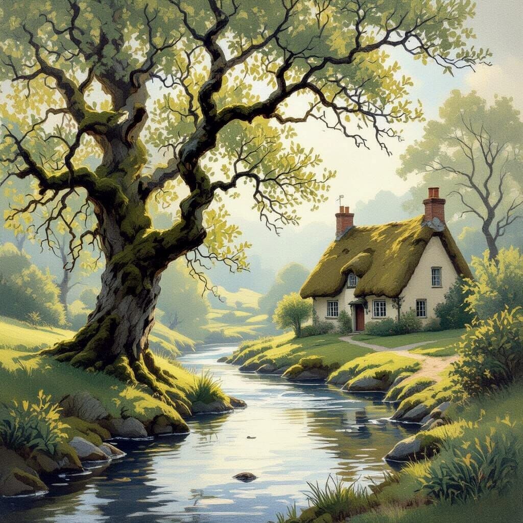 Cottage by River in Antique Watercolor Style