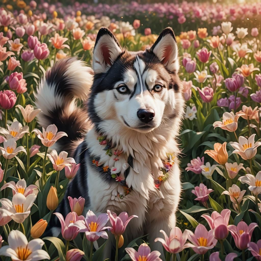 Calico Husky in Whimsical Floral Fantasy Art