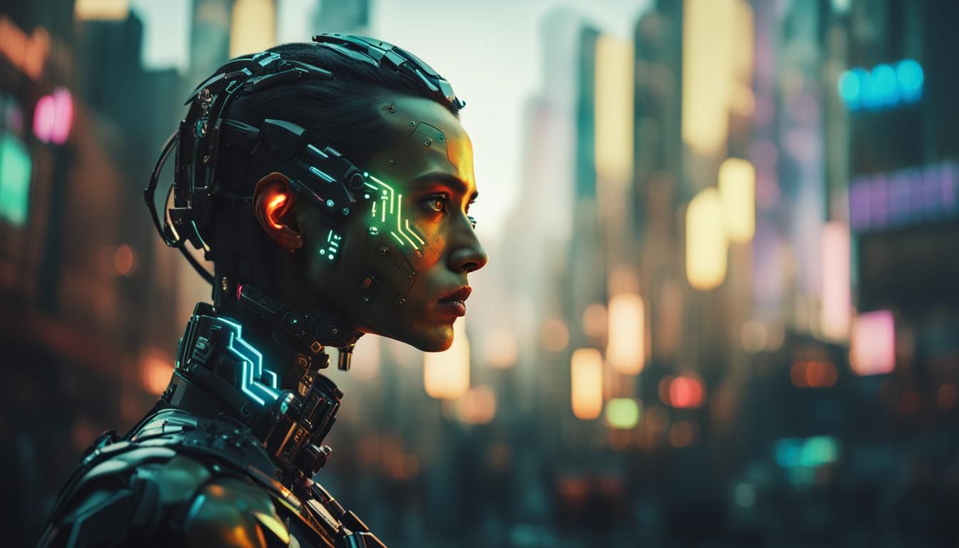 Cyberpunk Hybrid Portrait: Intense Gaze in Chaotic City
