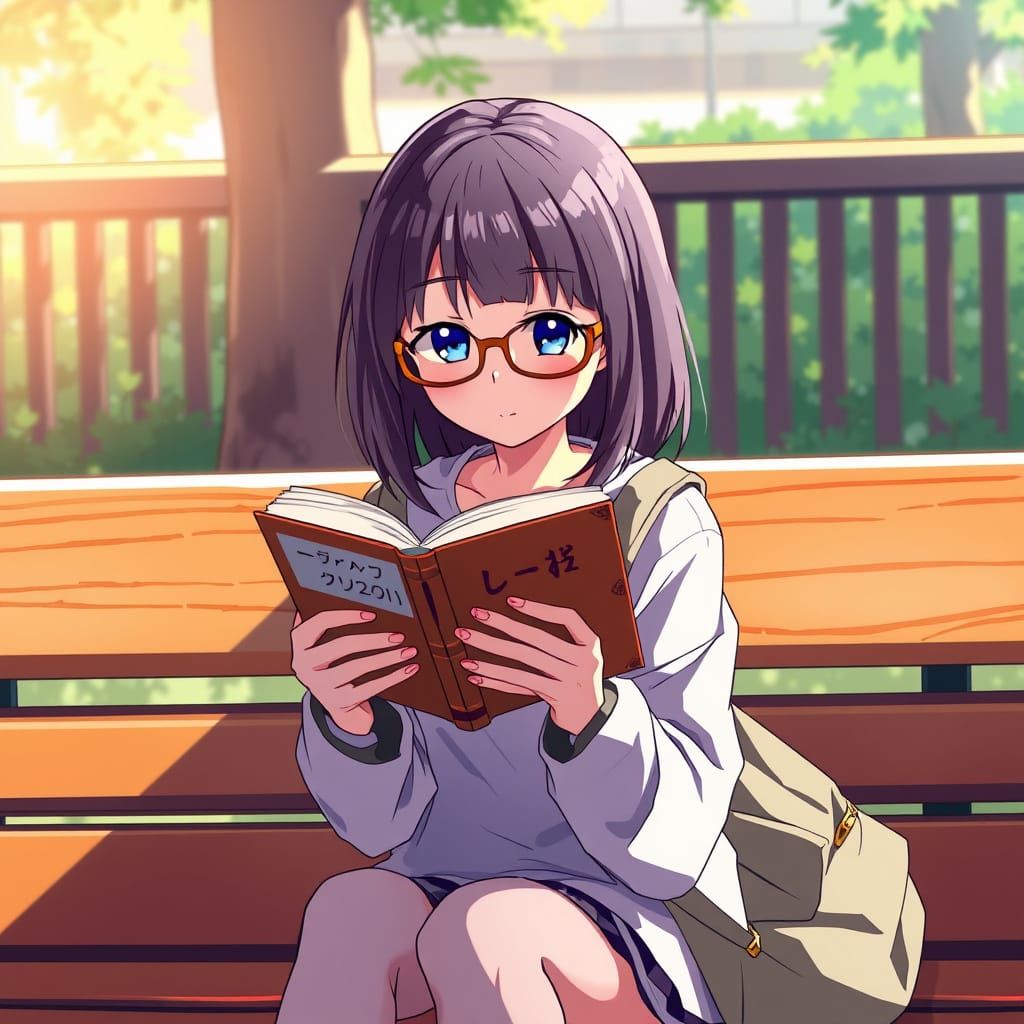 Girl in Cel-Shaded Manga Style Reading on a Wooden Bench