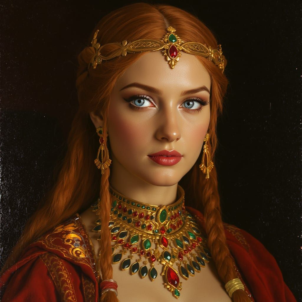 Regal Woman With Ancient Glass Eyes And Emerald Jewels
