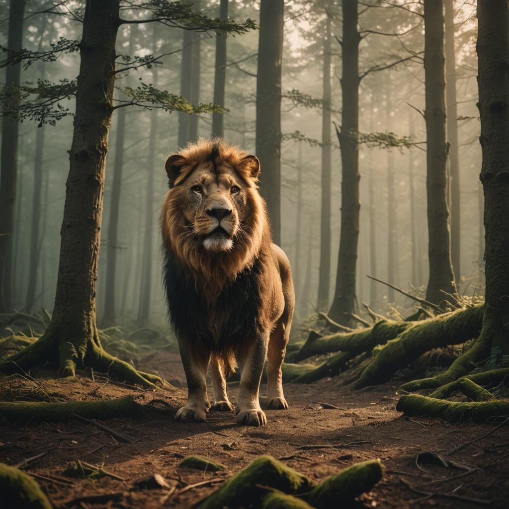 Pig-Lion Hybrid in Misty Forest, Cinematic Still