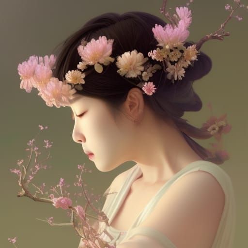 Korean Floral Goddess Portrait in Art Nouveau Style