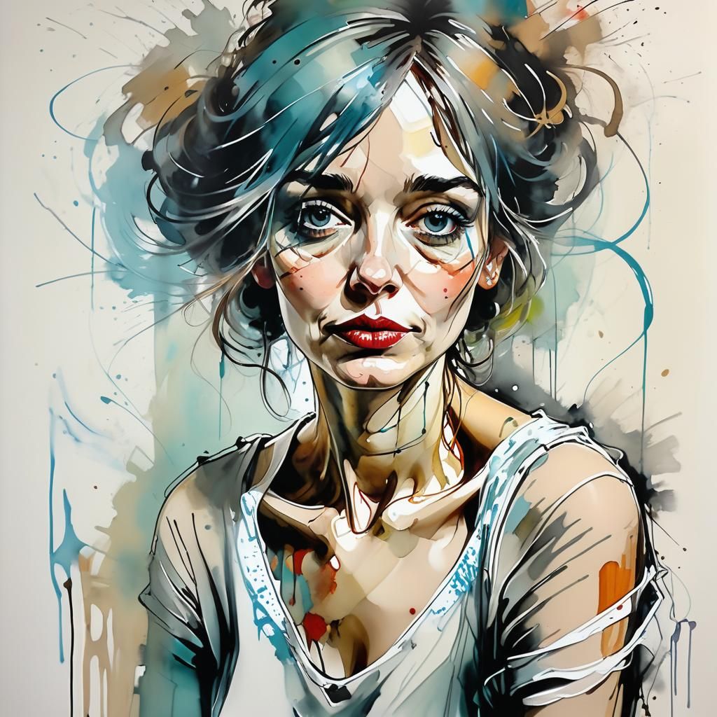 portrait of a woman in the style of   Sam Toft, Ralph Steadm...