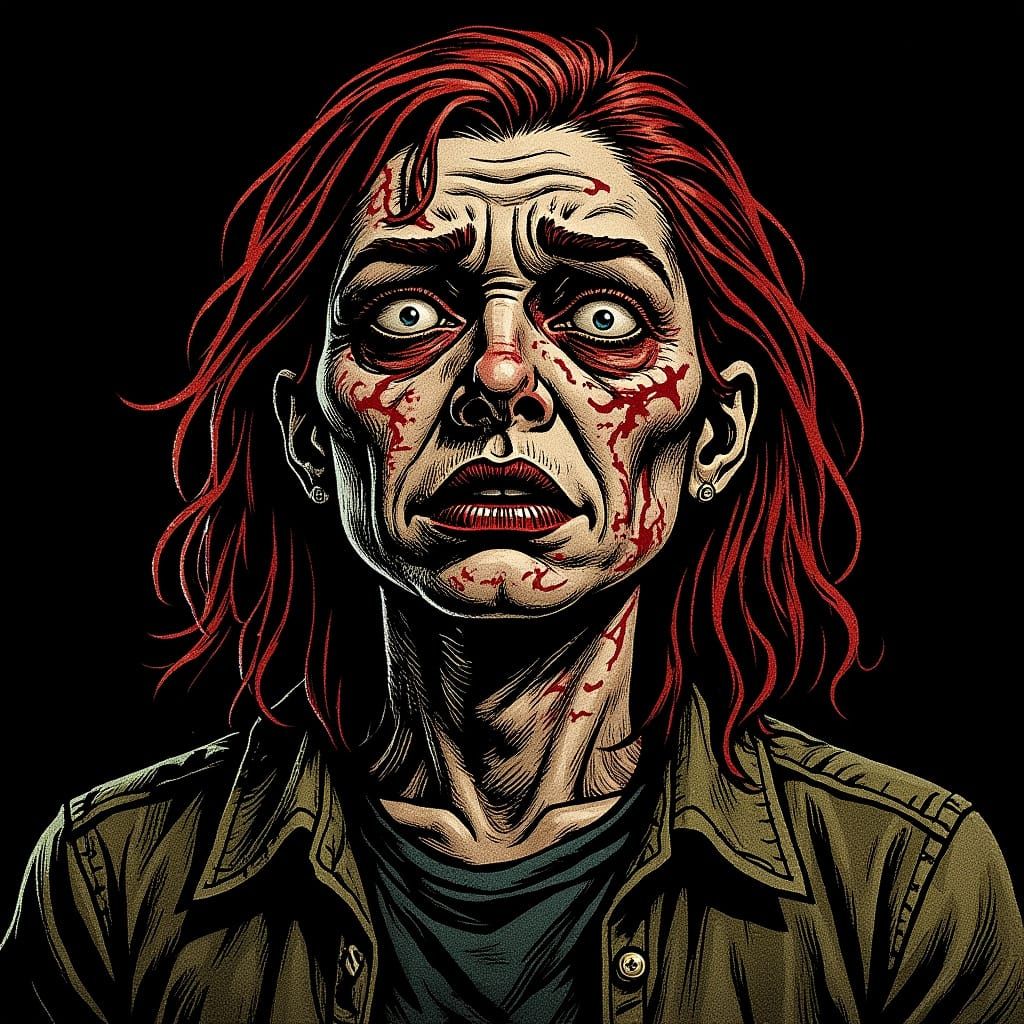 Resigned Zombie Gazing Skyward in Comic Book Style