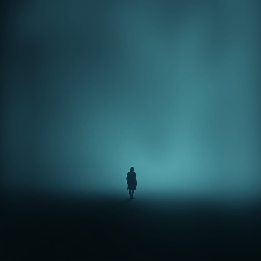 Eerie Serenity: Lone Figure in Mist-Shrouded Landscape