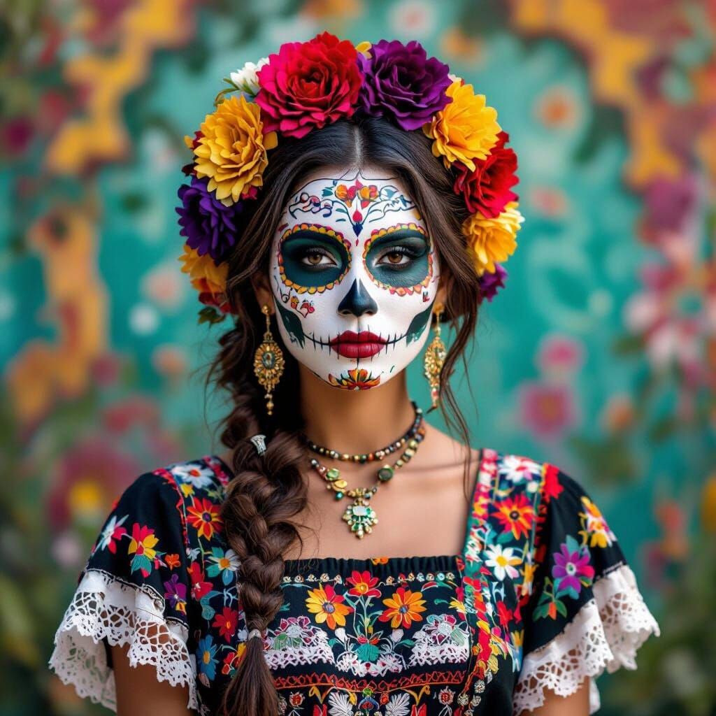Day of the Dead Woman in Folk Art Style