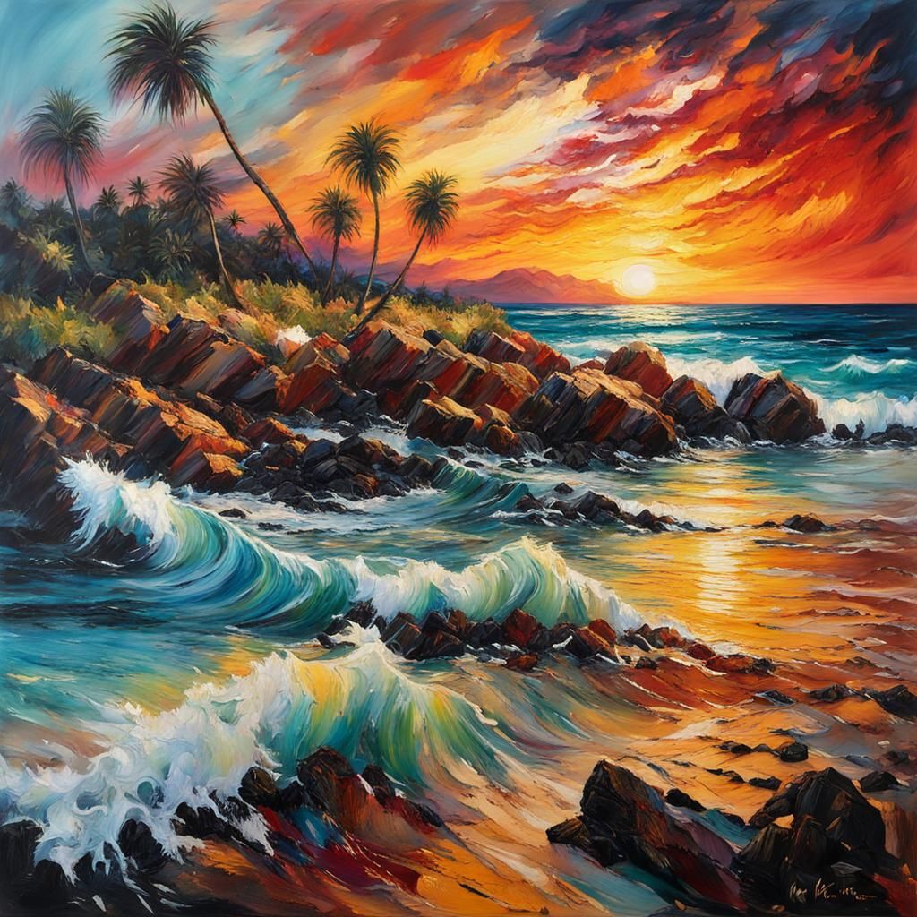 Stunning Beach Sunset with Stormy Sea, Encaustic Painting