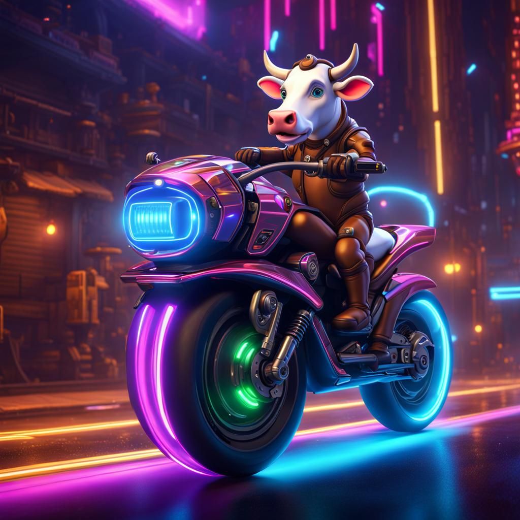 Cartoon Cow Rides Neon Hover Motorcycle