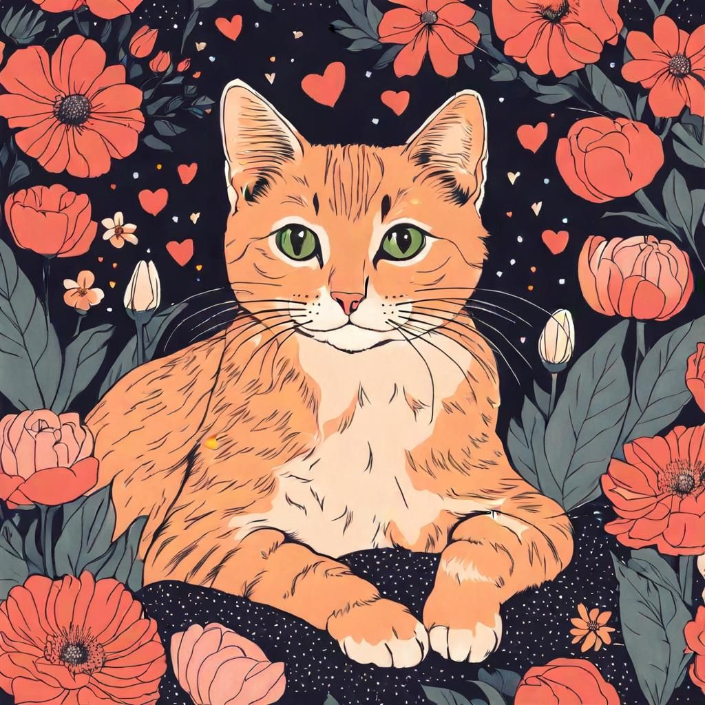 Cute Cat with Flowers and Heart Lights