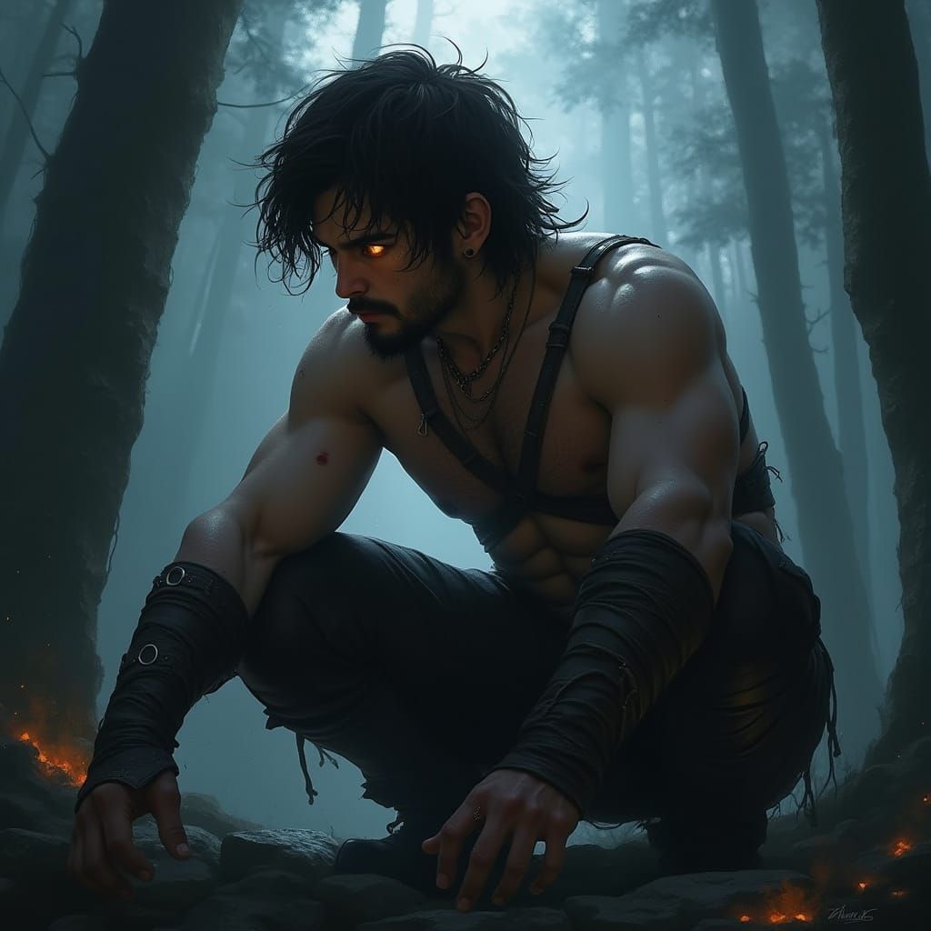 Moody Fantasy Warrior in Dark Leather, Crouching in Moonlit ...