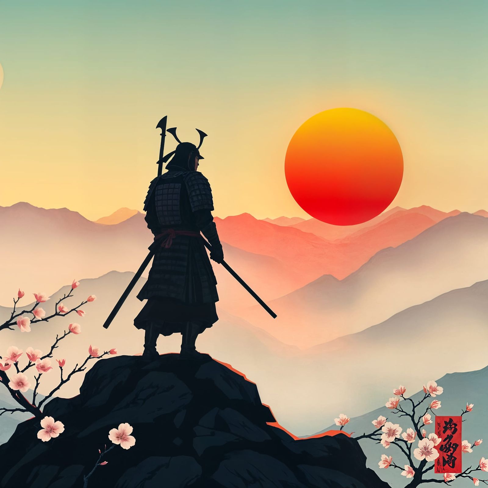 Samurai on Misty Peak in Ukiyo-e Style