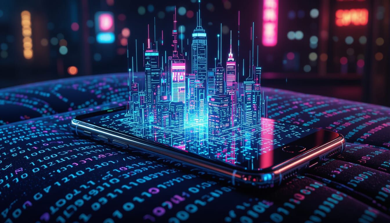 Cyberpunk City Hologram Projected from Chrome Smartphone