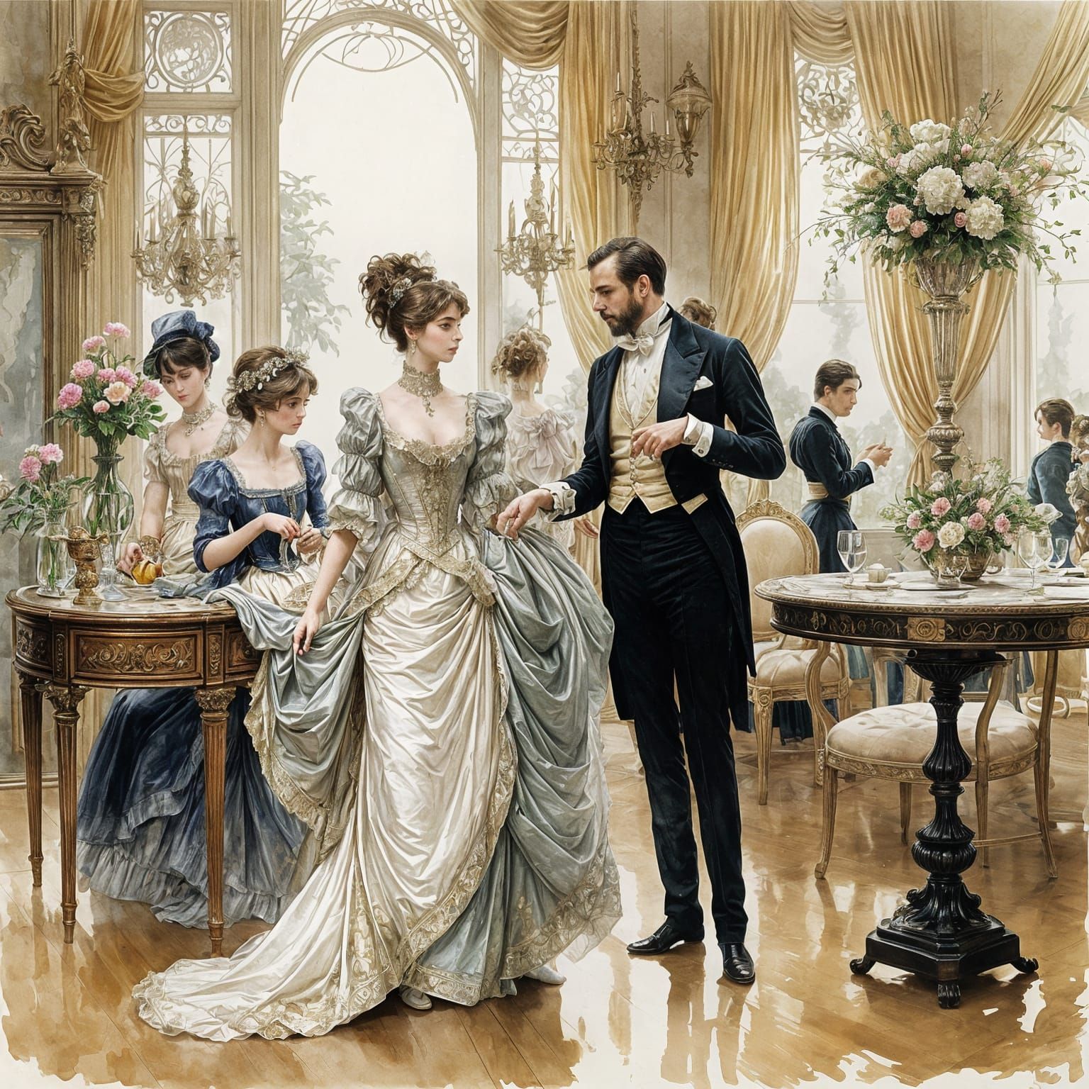 Elegant Figures in 19th-Century Attire