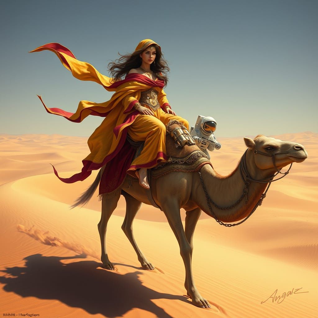 Sorceress Rides Majestic Camel Across Alien Desert in Photor...