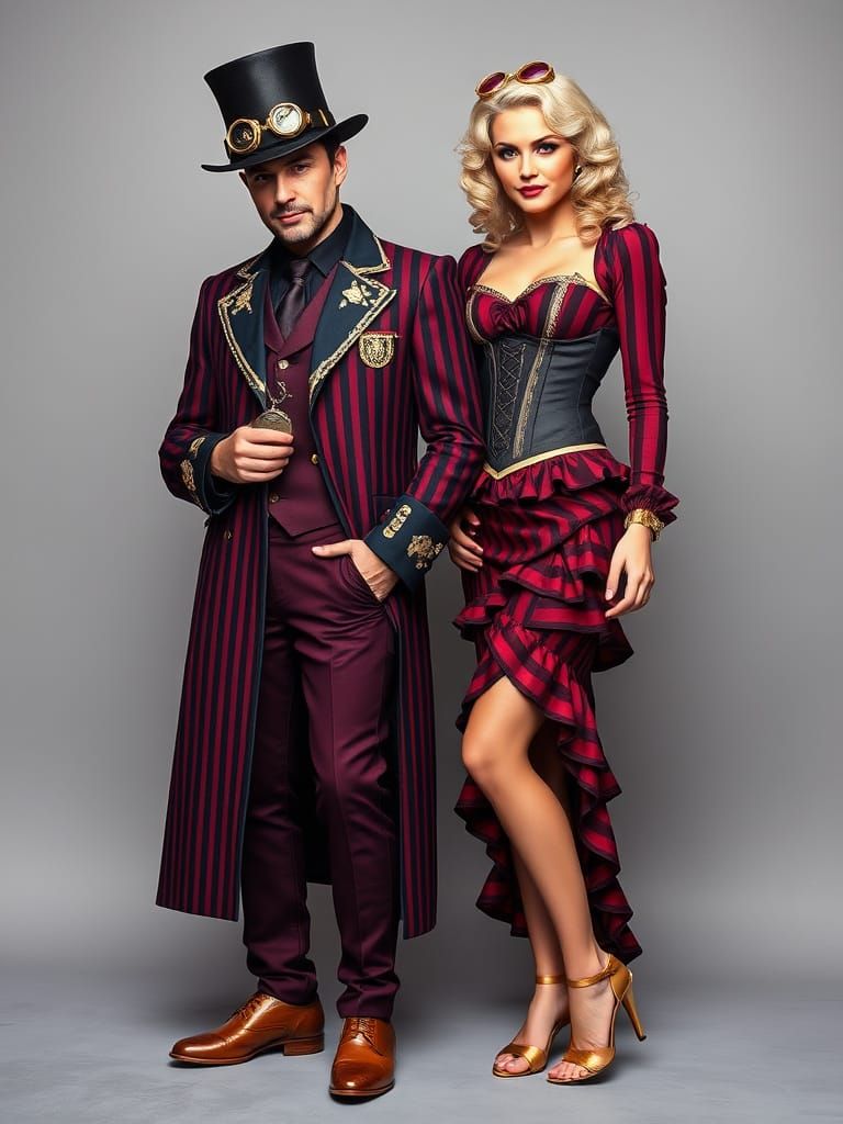 Steampunk Couple Pose in Opulent Victorian and Futuristic At...