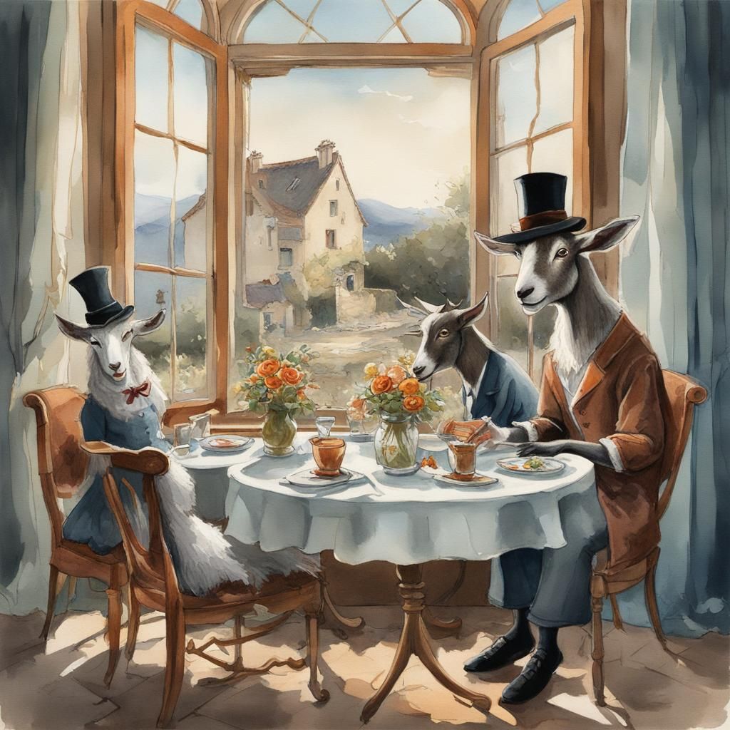 Cartoon Goat Host in Gouache and Watercolor Style