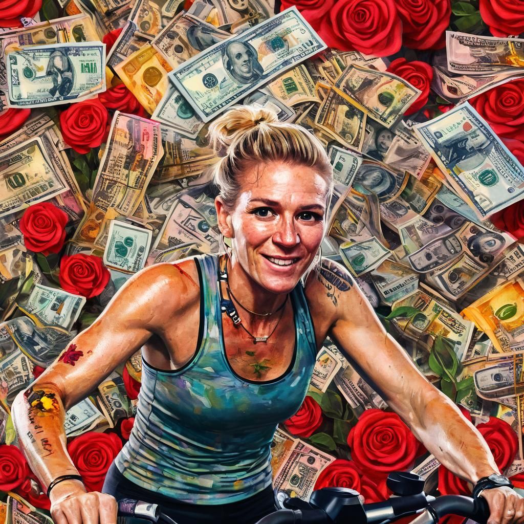 Woman on Workout Bike Amidst Money and Roses