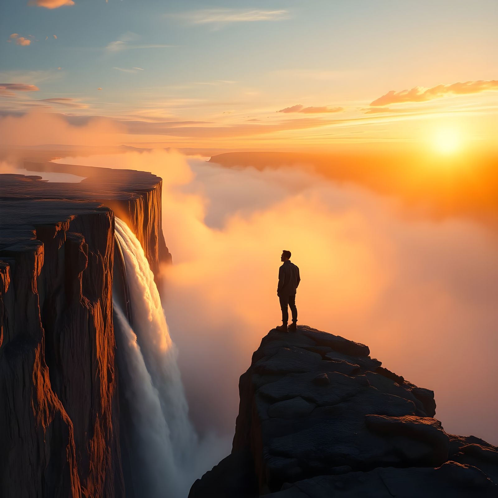 Hopeful Figure Embracing Dawn in Cyberpunk-Inspired Landscap...