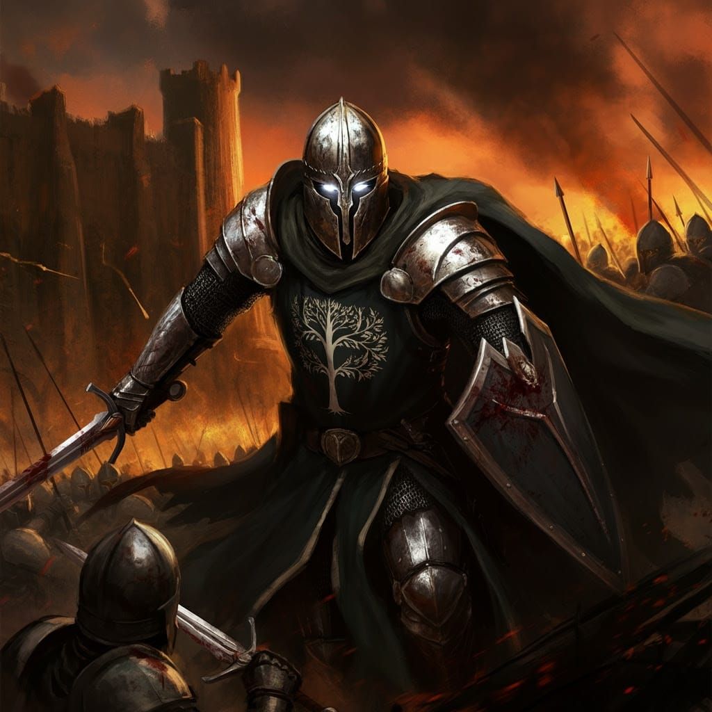 Battle-Hardened Knight of Gondor in Plate Armor Surges Forwa...