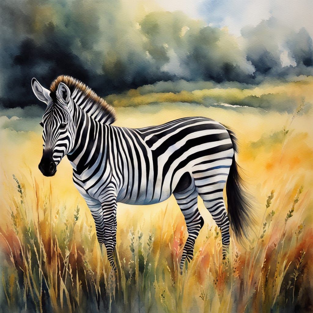 Zebra in Watercolour Painting with Sunlight