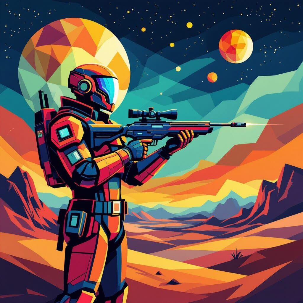 Futuristic Hunter on Alien Planet in Cubist Style