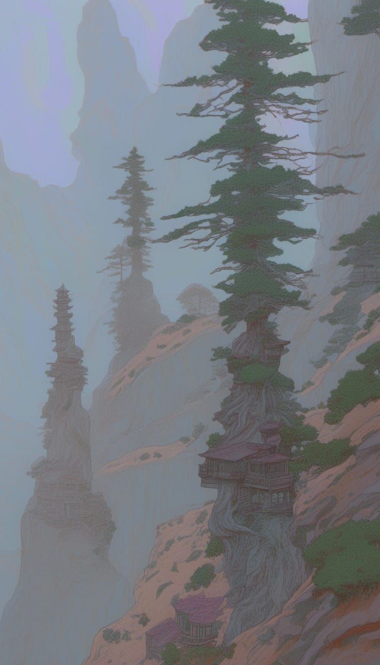 Mushroom Houses on Broken Mountain in Art Nouveau Style