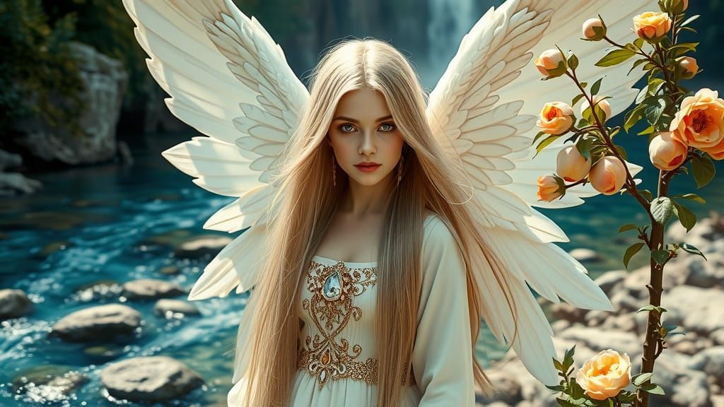 Angelic Figure by River in Pre-Raphaelite Style
