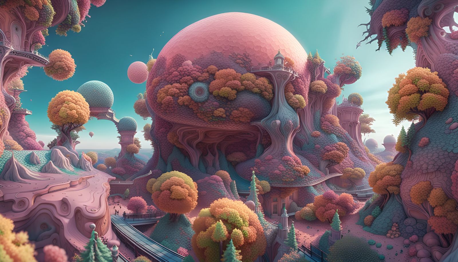 Opalescent Fractal Landscape in Hyperdetailed 3D Rendering