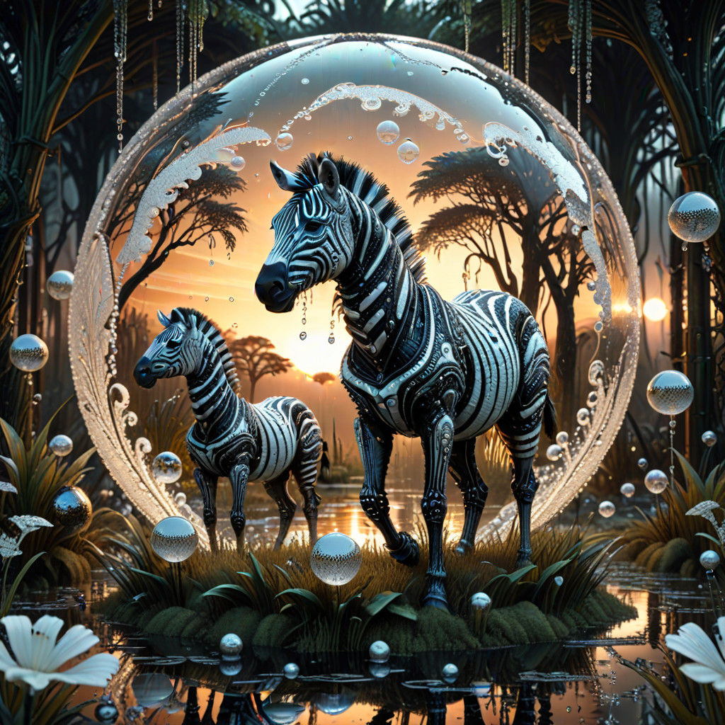 art deco biomechanical swamp enveloped in a 360 view sunset,...