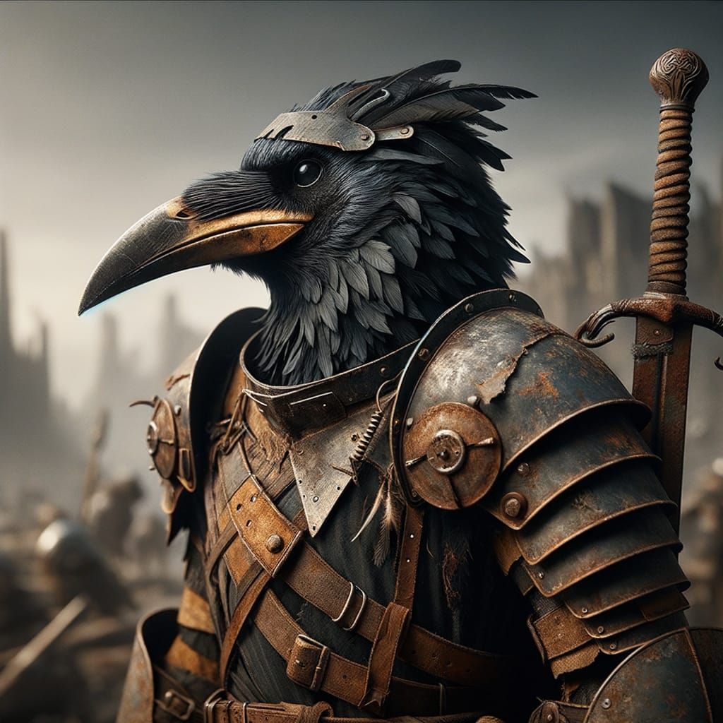 Bird Knight Emerges in Post-Apocalyptic Landscape