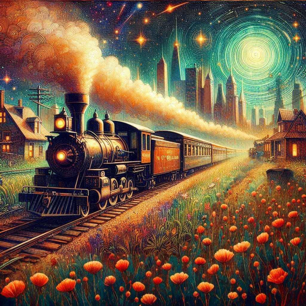 City of New Orleans Train in Watercolor Steampunk Style