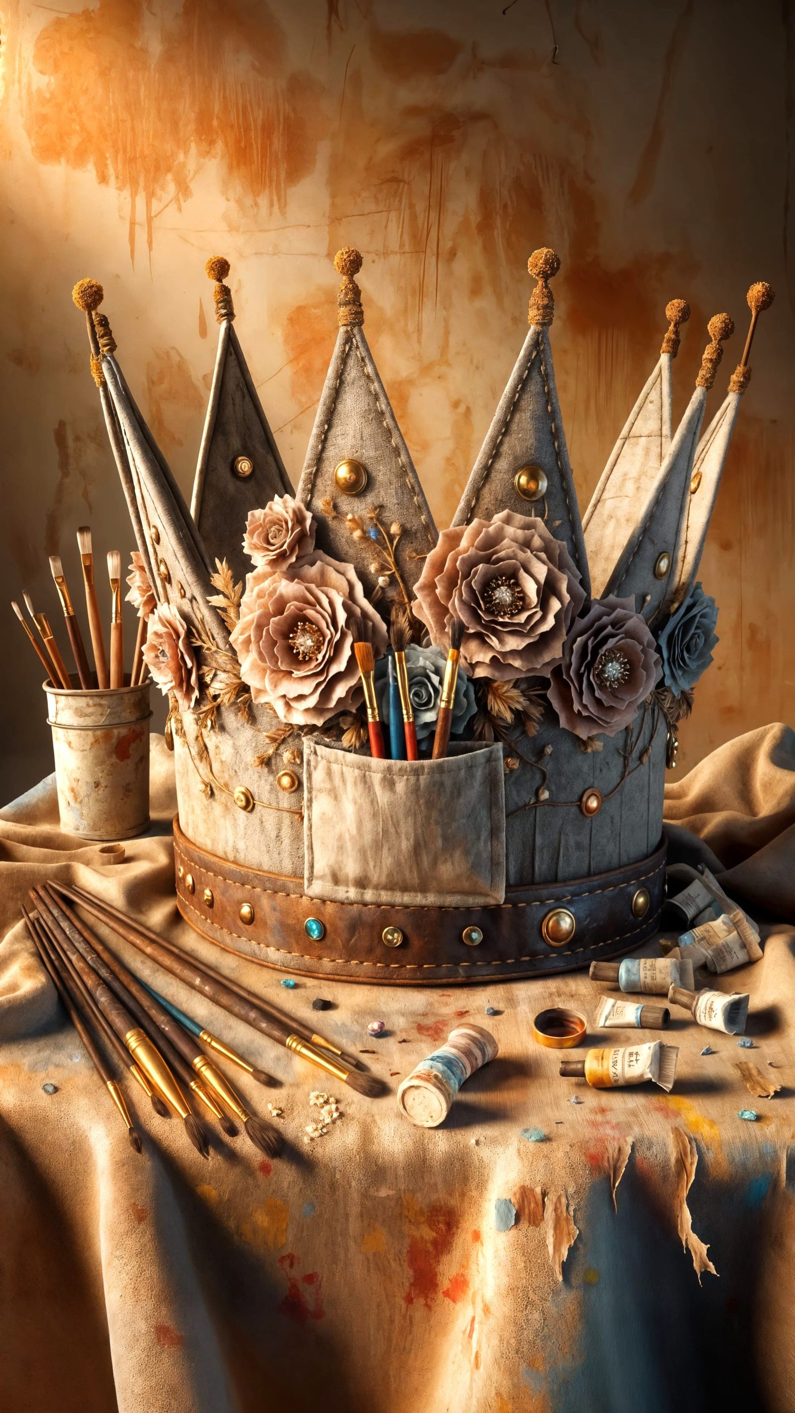 Artistic Crown with Flowers and Painter's Tools