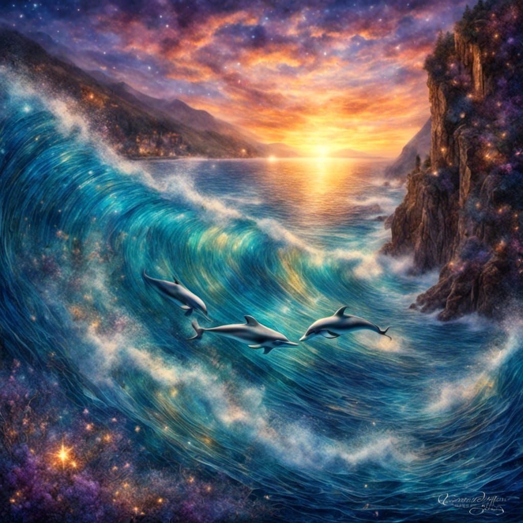 Gossamer Dolphins Swimming at Sunset
