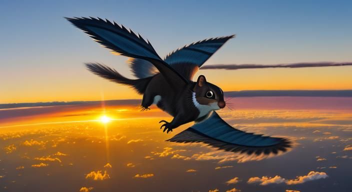 Smiling Flying Squirrel Gliding at Sunrise, Abstract Style