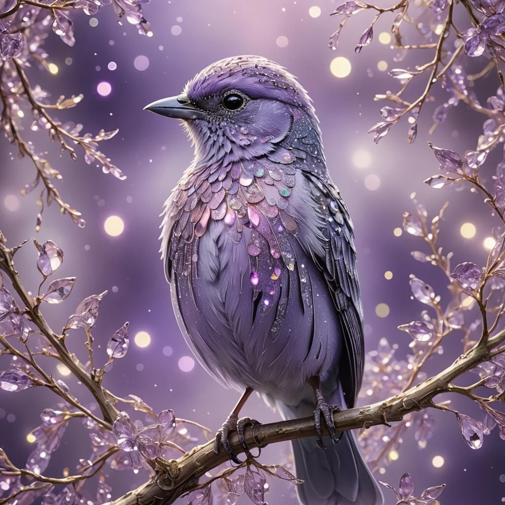 Sparkling Purple Bird Portrait with Filigree Details