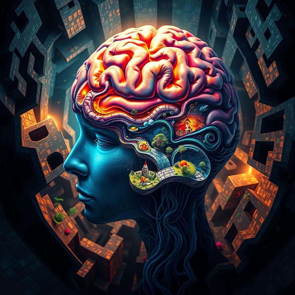 Mind in Escher Labyrinth with Swirling Thoughts