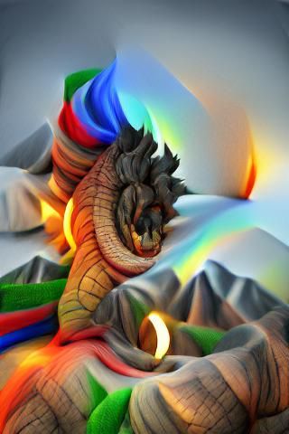 Hyperrealistic Dragon on Mountain with Rainbow Fire