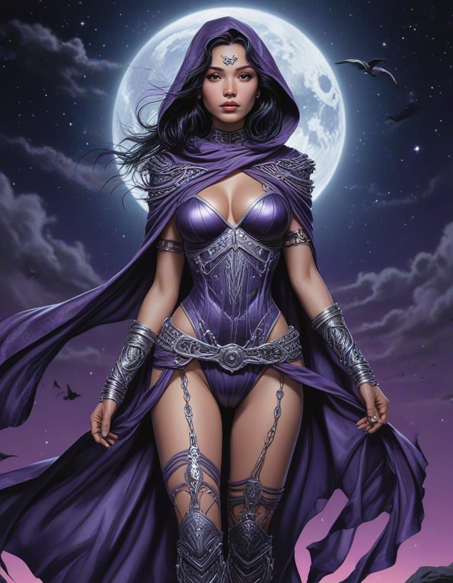 Japanese Warrior Princess with Crystal Staff in Night Sky