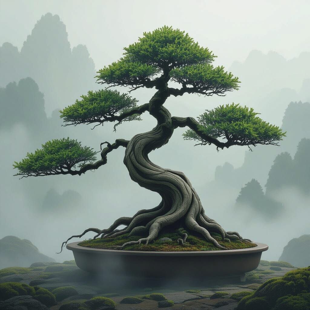 Gnarled Bonsai Tree in Misty Atmosphere