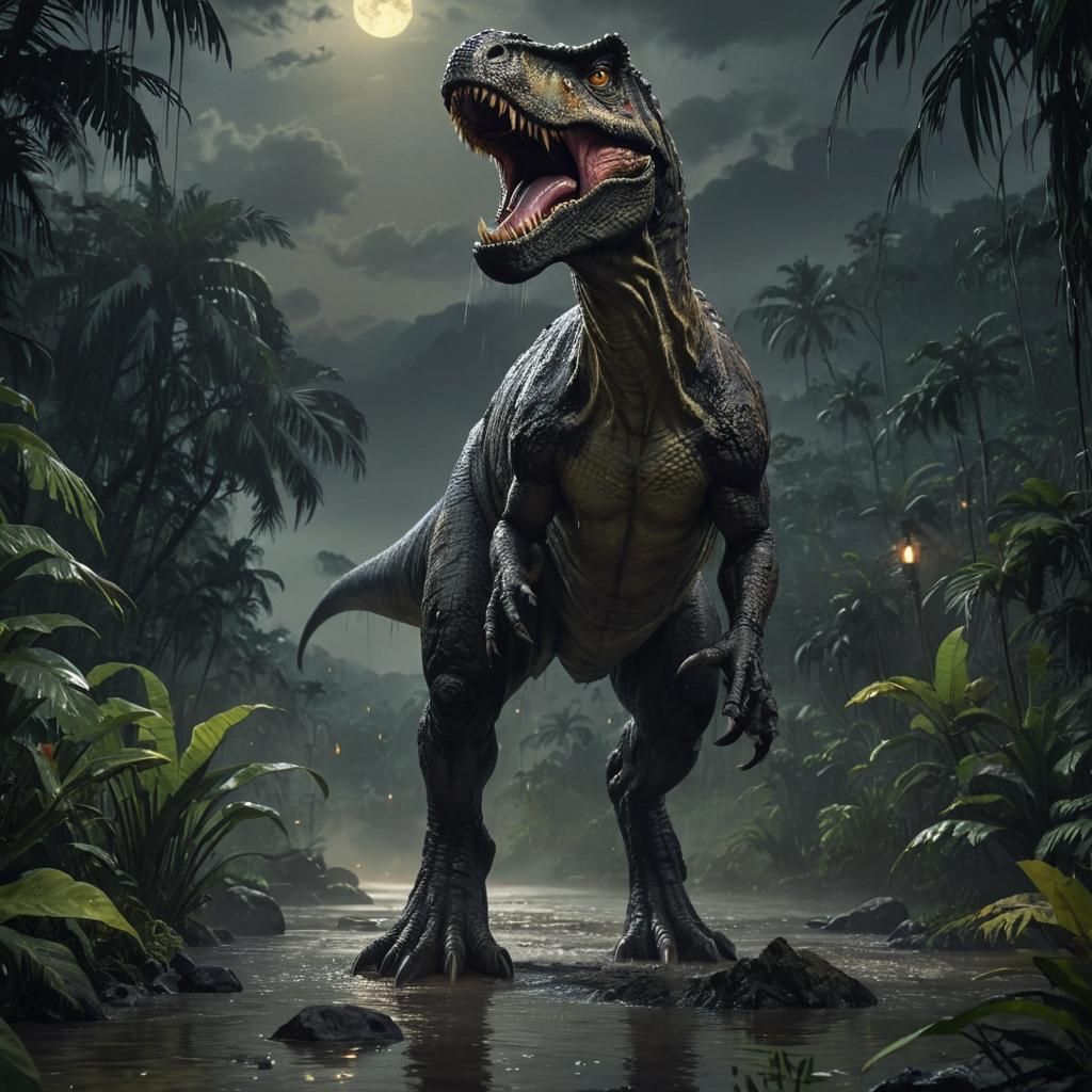 Menacing Wet T-Rex in Tropical Jungle at Night