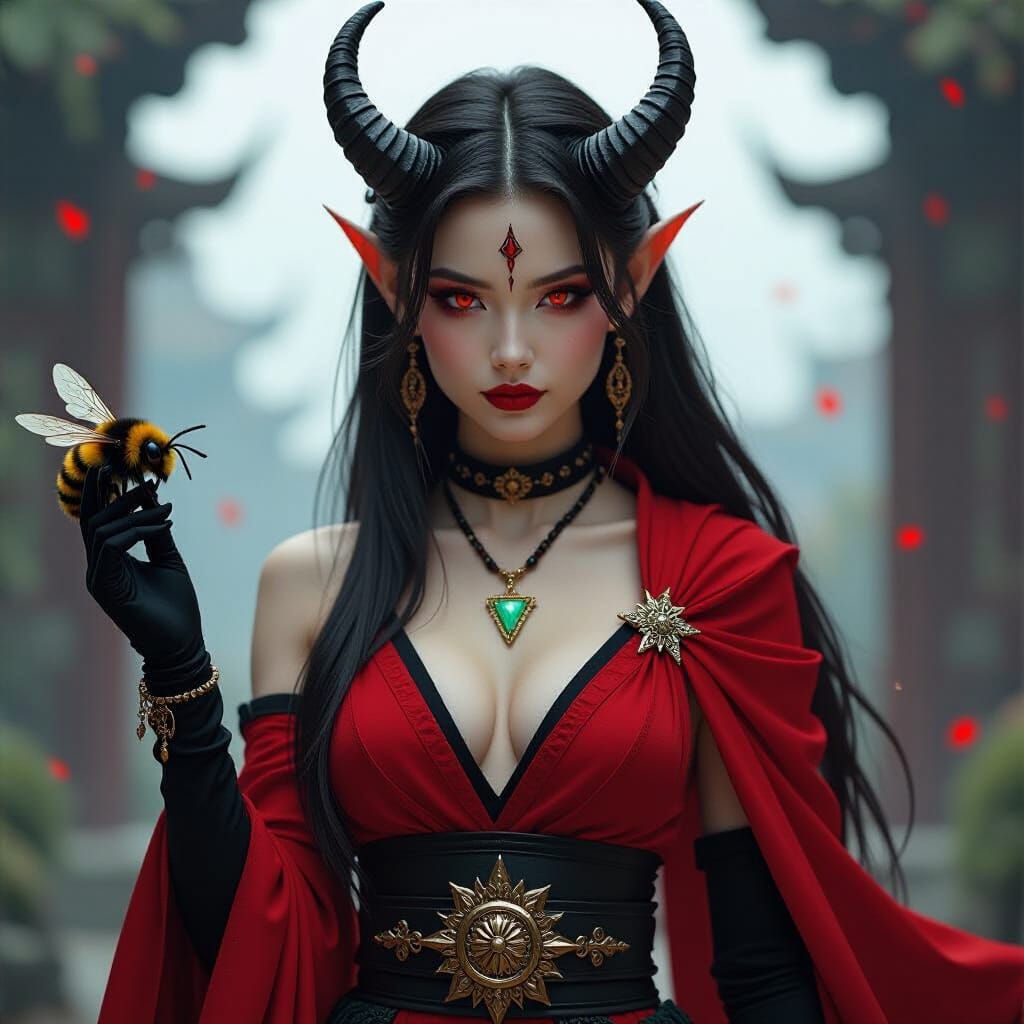 Tiefling with Asian Face in Dark Fantasy Style