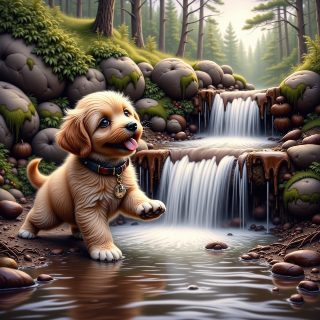 Children and Puppy Playing by Chocolate Waterfall